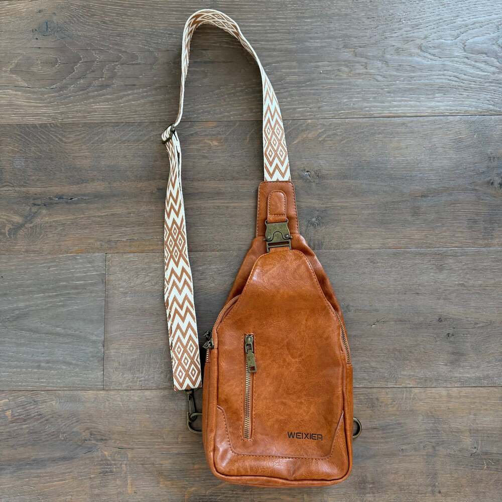 Weixier Vintage PU Leather Chest Sling Crossbody Bag - Brown